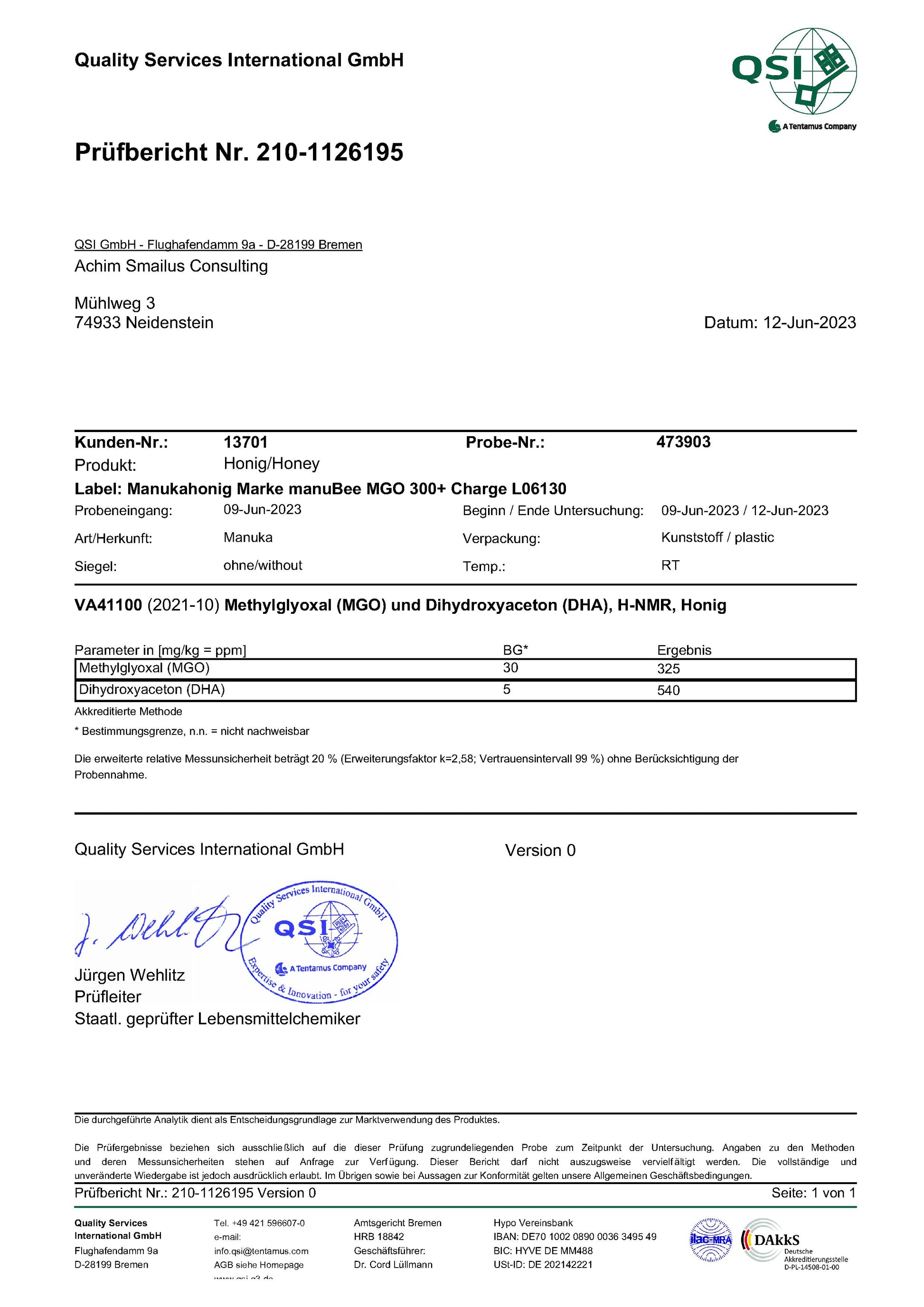 Manuka Honig Zertifikat MGO 300+