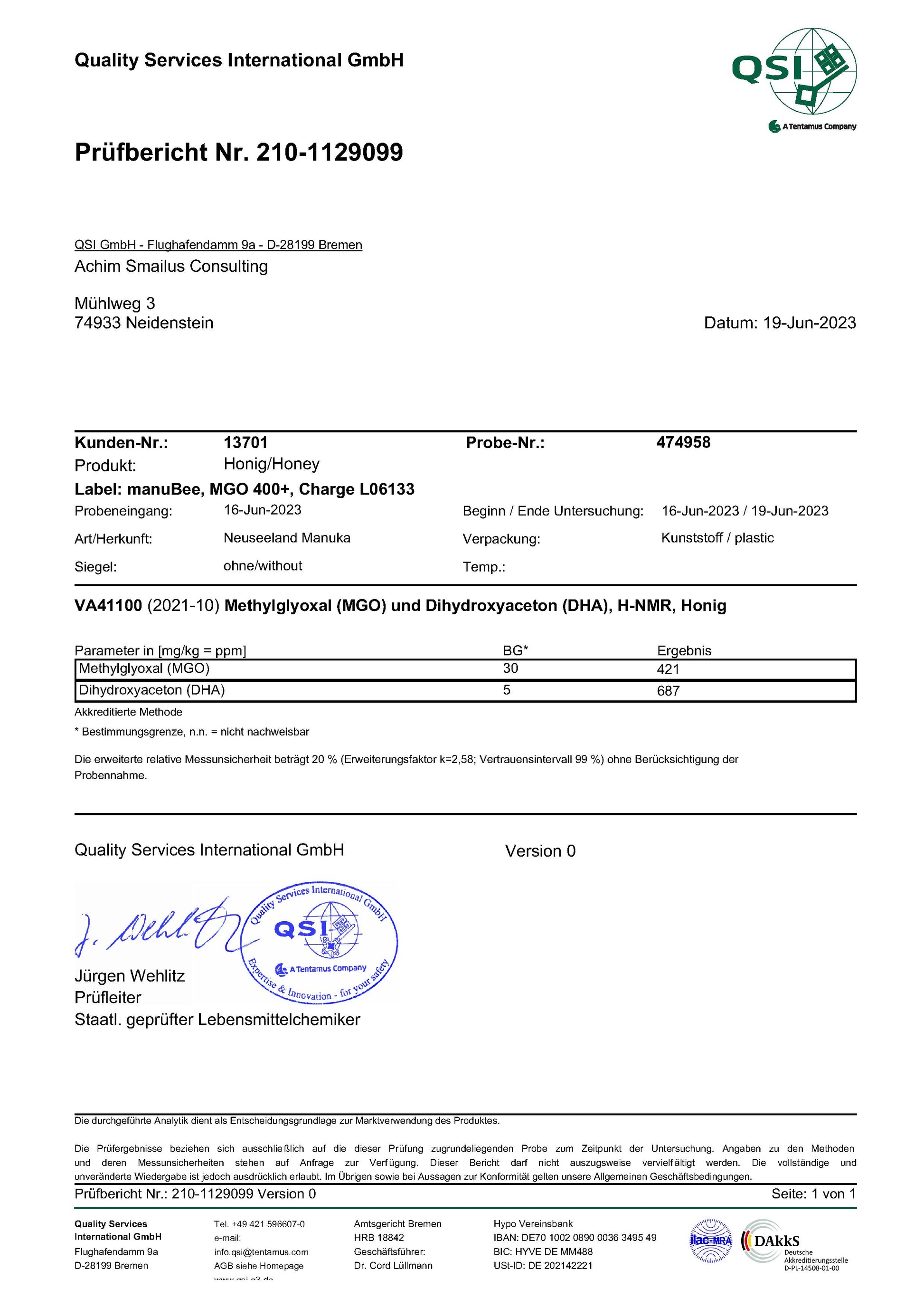 Manuka Honig Zertifikat MGO 400+